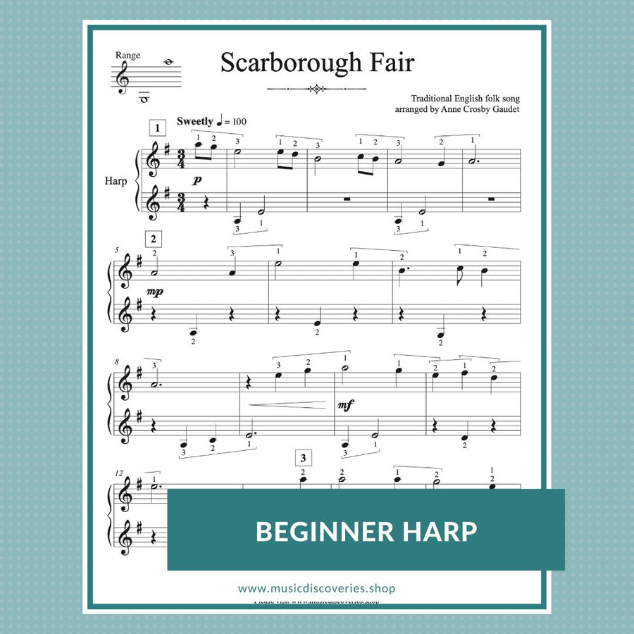 A beginner harp learning bundle including In Time, Scarborough Fair and Bluebells. Arranged for 19 strings by Anne Crosby Gaudet.
