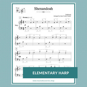 Shenandoah, elementary harp sheet music by Anne Crosby Gaudet