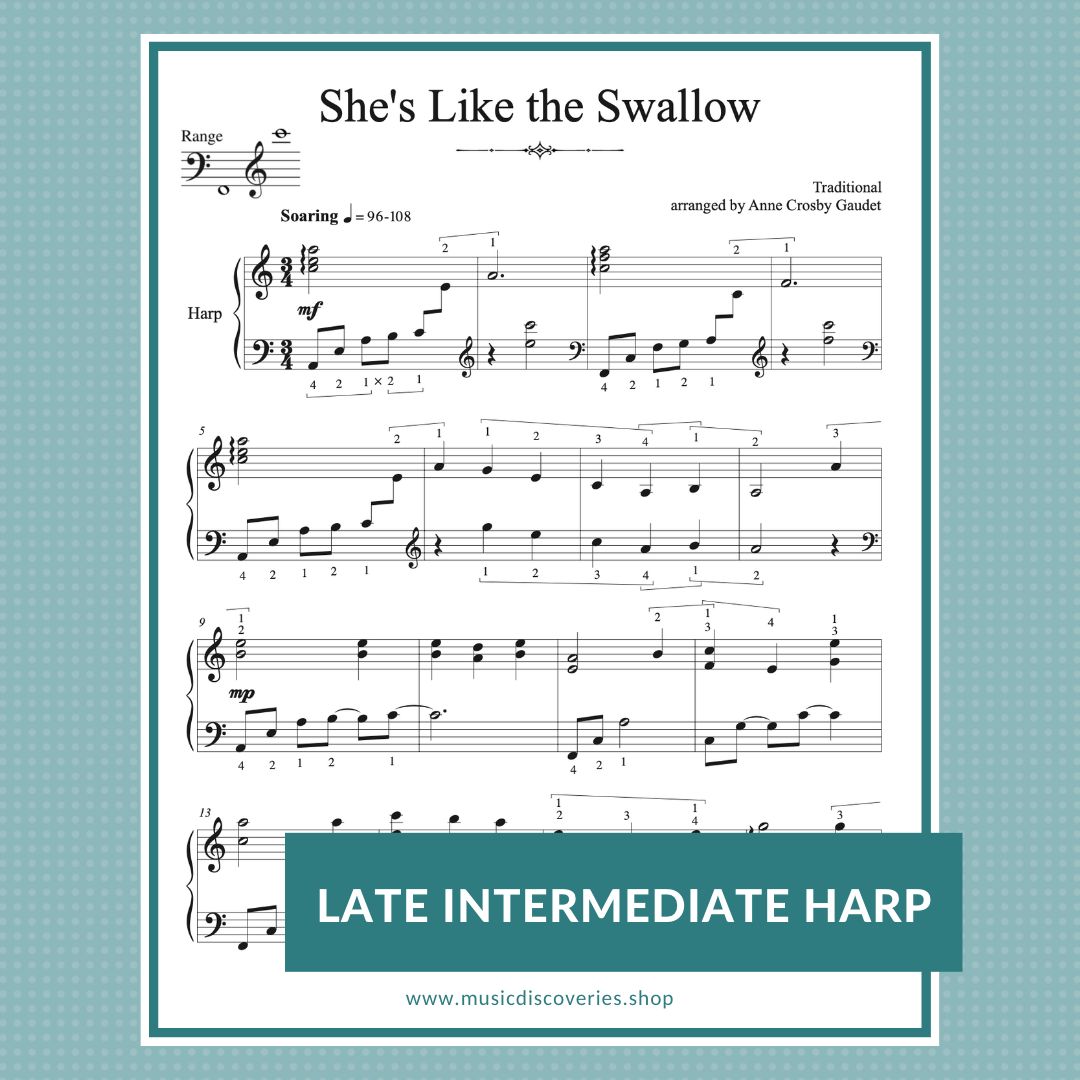 She's Like the Swallow, late intermediate harp sheet music arranged by Anne Crosby Gaudet