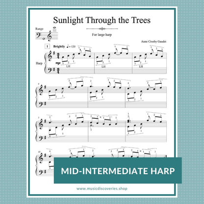 Sunlight Through the Trees, mid-intermediate harp sheet music by Anne Crosby Gaudet