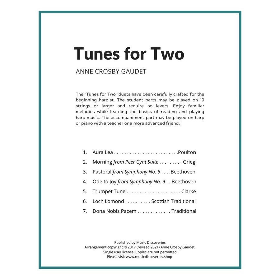 Tunes For Two, 7 easy harp duets arranged by Anne Crosby Gaudet