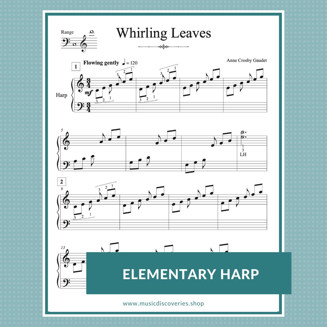 Whirling Leaves, elementary harp sheet music by Anne Crosby Gaudet